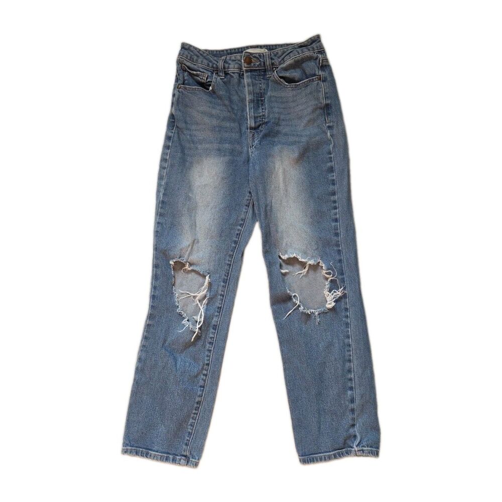 TGLA Distressed Mom Jeans High Rise Button Fly Straight Leg Med Wash Sz 26 EUC